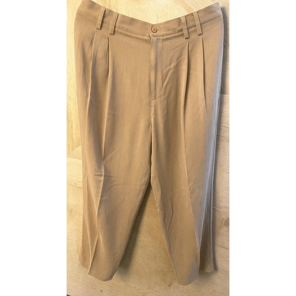 Tommy‎ Bahama Relax 100% Silk Pleated Herringbone Tan Pants Mens 36